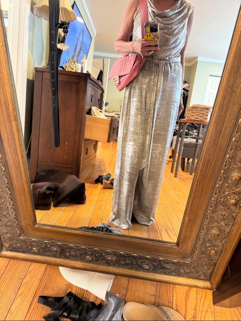 connected apparel Silver Metallic Wide-Leg Jumpsuit